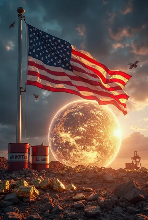 An American flag waving over a glowing globe, surrounded by symbols of power like gold, oil barrels, and satellites, cinematic l...