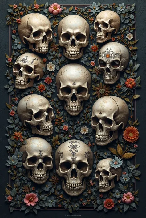 Can you create a wallpaper for me with several different skull styles that you are facing