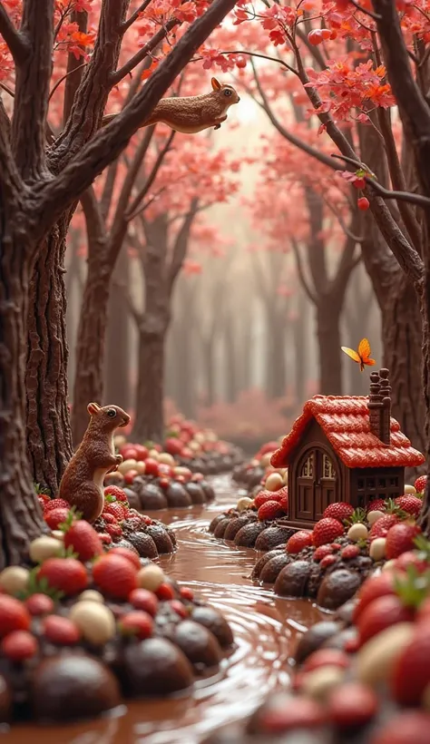 Create a photo of a whimsical, magical forest made entirely of chocolate, strawberries, and marshmallows. Towering, leafy trees ...