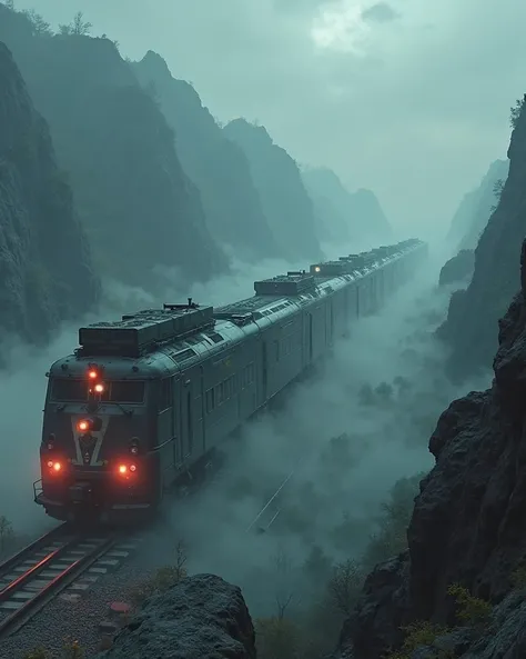 A giant cyberpunk nuclear powered fortress train the size of skyscrapers, the train’s length stretches beyond the horizon, the t...