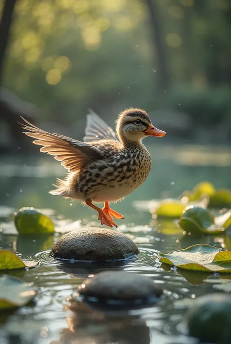 The duck mid-hop from one lily pad to another, skipping along small stones, then sliding smoothly across a log like a little sta...