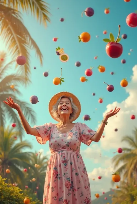 A surreal and vibrant tropical scene with açaí berries, passion fruits, and acerola cherries falling from the sky in slow motion...
