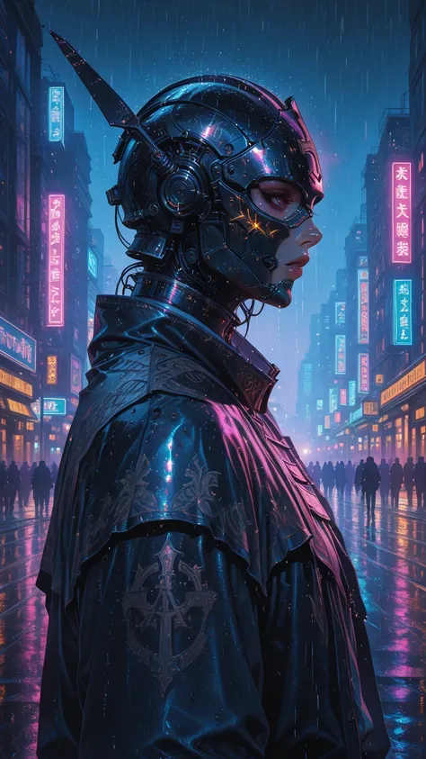 Cyber ​​warrior at dusk in a neon city with light rain, masterpiece, best quality, semirealistic, vibrant colors, cinematic ligh...