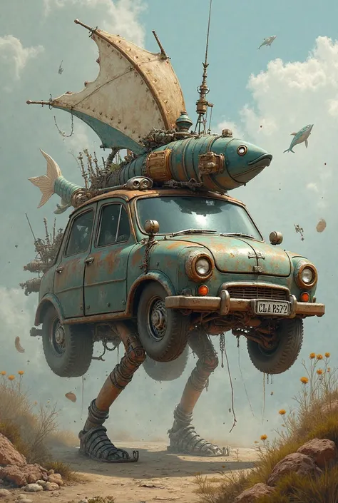 It's a car, but it's got its hands, its arms, its head, its legs, and a barrel in its nose are perched in the arms of a fish sai...