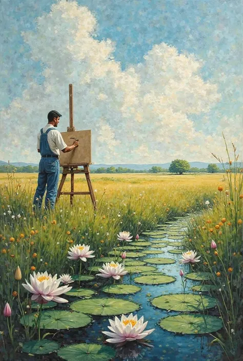 Man painting on canvas in the distance。The man and the canvas are facing sideways。On the field。Surrounded by nature and drawing ...