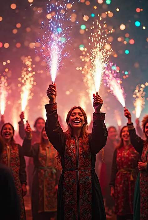 Make Kazakhs holding fireworks in their hands , and behind the background is a fireworks explosion 
