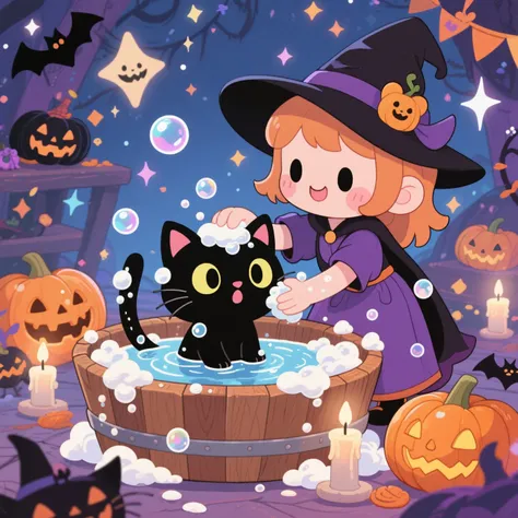 "A kawaii witch gently giving a black cat a bath in a wooden tub filled with bubbly water, the cat looking surprised but adorabl...