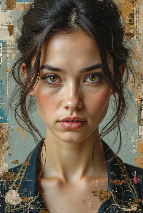 Collage art, looking straight ahead. She is looking straight into the camera. Full face. This is a frontal image.