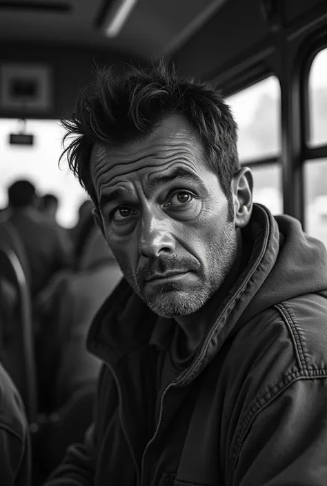 inside old crowded city bus, gritty dark urban atmosphere, middle aged man, 30-35 years old, same realistic face in every scene,...
