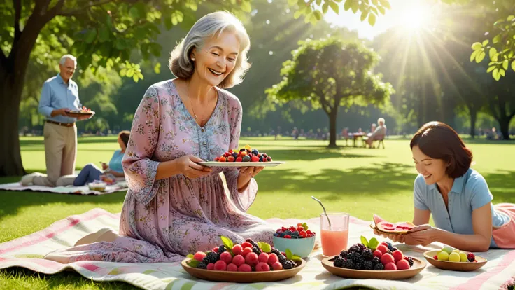 A family picnic in a sunny park, with a senior woman in a light floral dress serving a platter of mixed berries and guava slices...