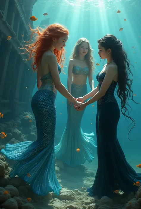 girls turn into mermaids. in the background there is an ocean with fish, and in the distance there is a sunken ship
