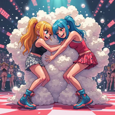 An anime-style illustration depicting many partygirls playfully wrestling with each other inside a dancehole comical fight cloud...