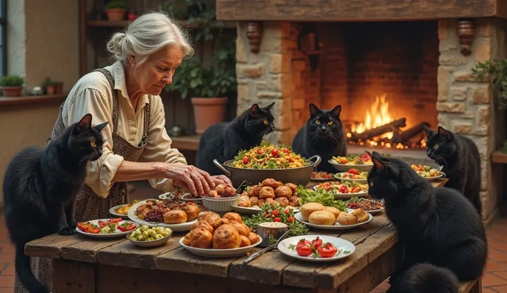 1 hairy black kitten、The old woman prepares lots of gorgeous dishes for the table、Black cats laugh with joy、very realistic photo...