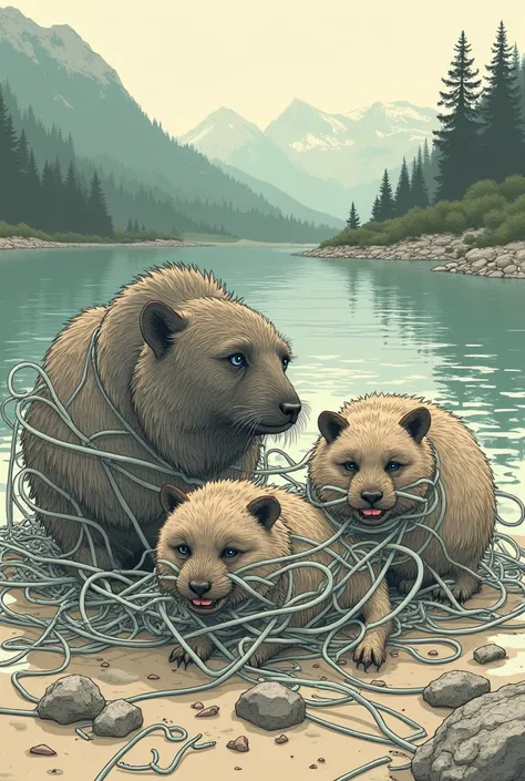 People using and discarding plastic products. Show animals entangled in plastic. Just a simple drawing
