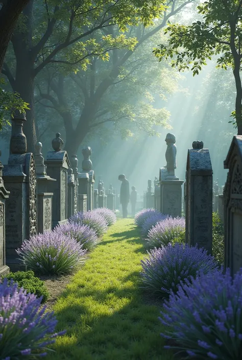 Realistically draw a cemetery with purple flowers