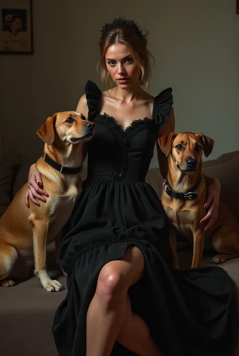 a maid wearing black dress gangbang with dogs,with cumshot on her face