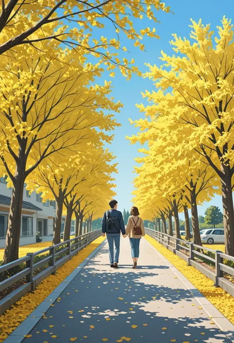 blue sky, Tree with yellow leaves, Make a couple a man and a woman man in the background, walking with a dog