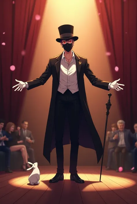. An anime character stands on a stage that is theatrically illuminated by a spectator in the front rows. This person wears a s...