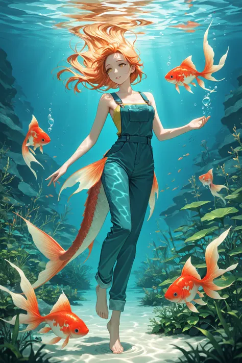 In this image, two vibrant goldfish with flowing fins gracefully swim in a clear aquatic environment. Their scales glisten with ...