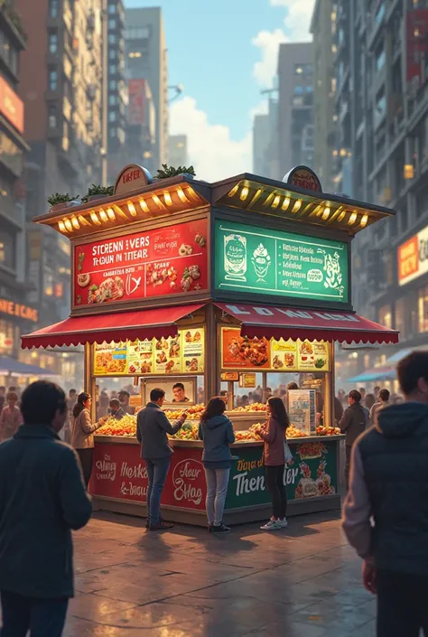 Show me two kiosks, one that sells junk food and is full of people queuing up. And the other kiosk instead that sells healthy fo...