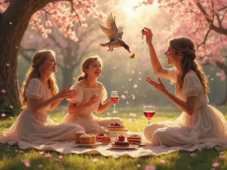 A picnic scene: Marie and her friends laughing, decadent cakes and wine spread on a lace blanket, cherry blossoms falling."

"Ma...