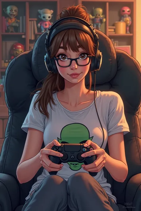 Drawing of a woman of average build is sitting in a modern black armchair. She has brown hair tied in a ponytail and without ban...
