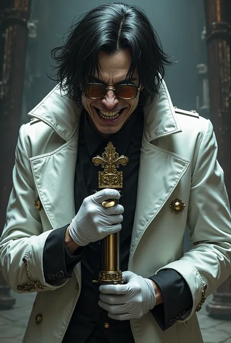 Create a Helsing ultimate style character, Be like Father Alexander Anderson, white trench coat crazy smile tube glasses dark ha...