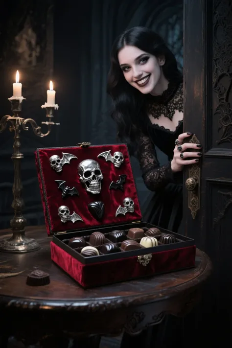 A richly decorated, velvet-covered box of chocolates taking center stage on a darkly stained antique table, basking under the di...