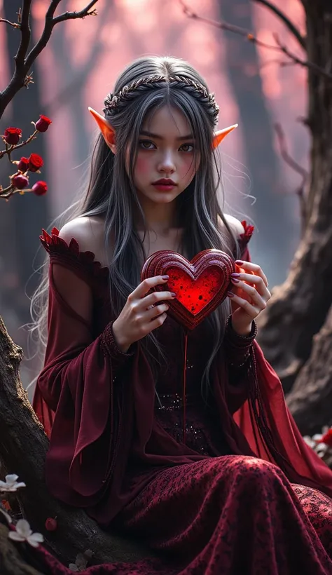 A dark fantasy elven girl with pale moonlit skin and long silver-black hair, pointed ears peeking through melted chocolate-dippe...