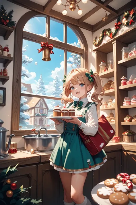 A magical cocoa factory, with pipes dripping with liquid chocolate and conveyor belts carrying endless marshmallows. Small, anim...