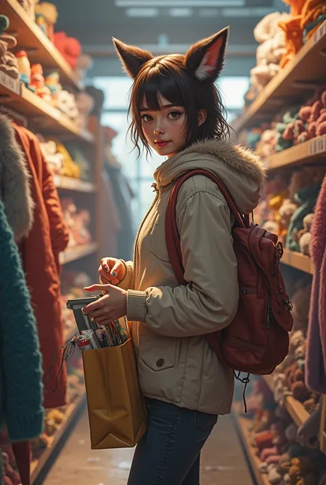 Make a very realistic lady in a fursuit store, buying fursuit materials and with a big bad on her hand that contains fursuit mat...