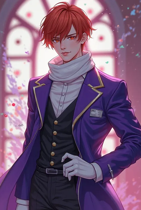 HD. REALISTIC. FULL BODY PICTURE. MAXIMALIST VIOLET BLACK WHITE STUDENT UNIFORM NECK SCARF WHITE GLOVES. HANDSOME GINGER YOUNGTE...
