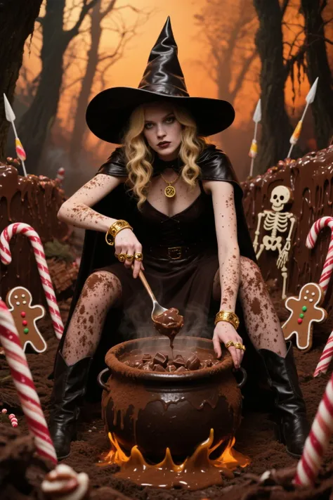In a scorched candy forest, the chocolate witch stirs a cauldron of boiling truffle mixture. Her skin glows softly under freckle...