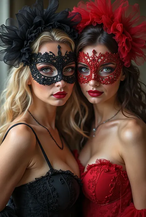 Create an image of two Slavic girls with a big bust. In carnival masks. One blonde girl in a black mask. The second brunette in ...