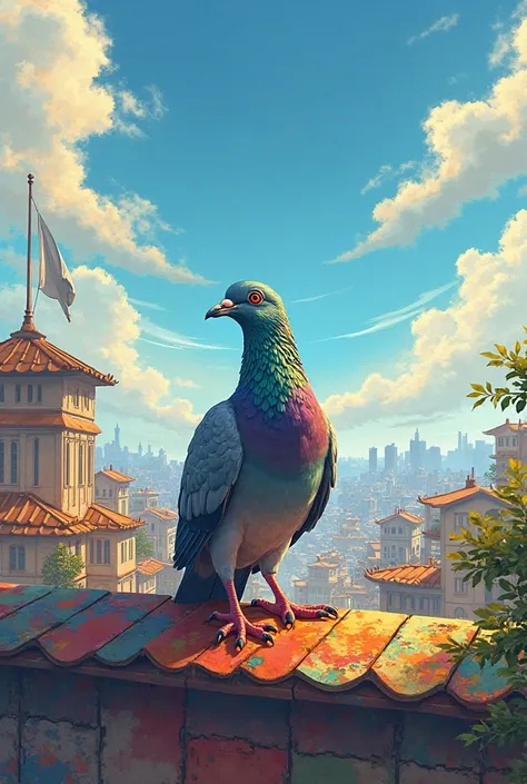 here is an image with prompt A vibrant image of a Kabutar (pigeon) sitting on a colorful rooftop sunny day, with blue sky and fl...