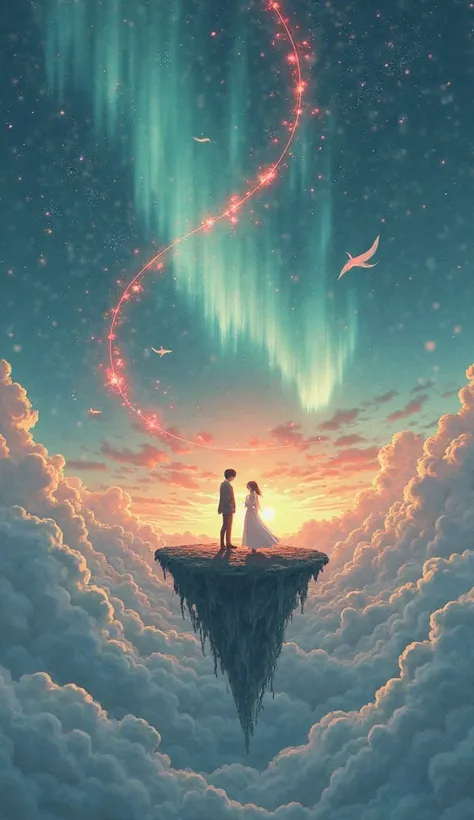 Two human figures standing on opposite floating islands in a vast sky, connected by a glowing red thread swirling around them, a...