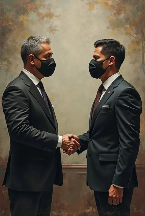 "man wearing a mask shaking hands with another man, oil painting style"