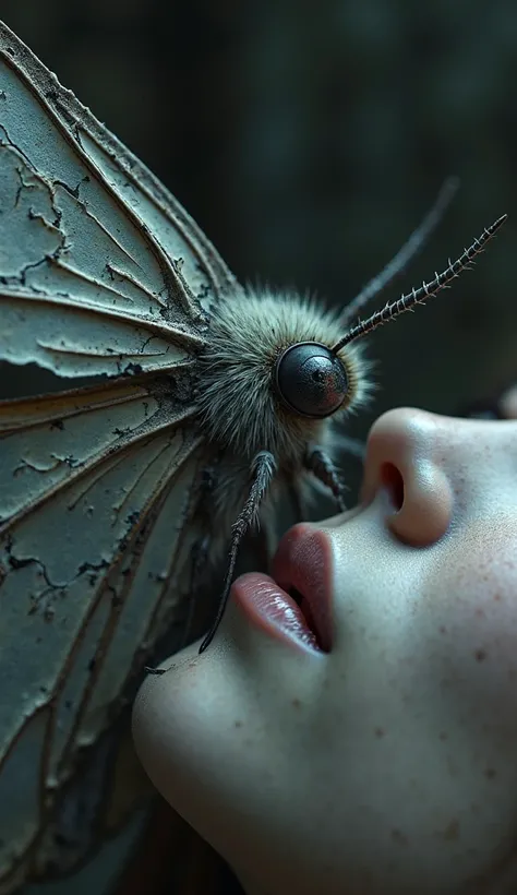 An ultra-close-up, hyper-realistic portrait of "The Mourning Moth", a dark fantasy moth with haunting beauty. Its massive ashen-...