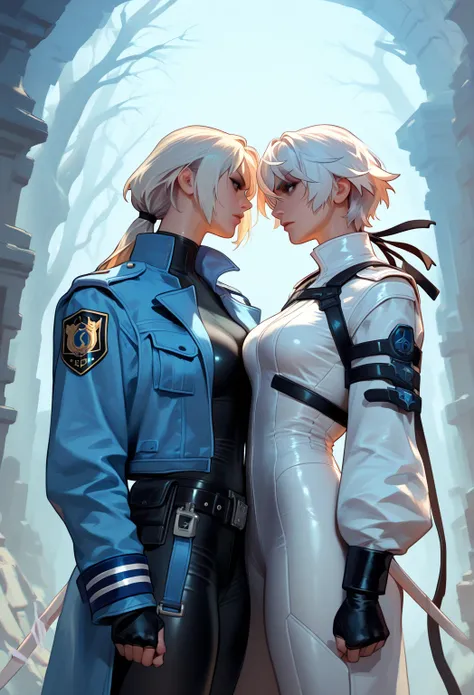 An Elezen woman of about 30 years of age with white hair, low ponytail, resembling Alisaie, white single part suit, no jacket, m...