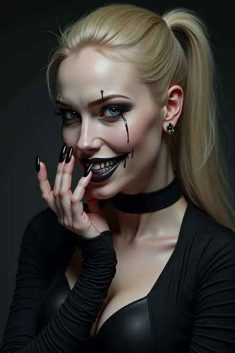 1 woman, (((long black fingernails))), ((intense gothic makeup)), Swedish face, blue eyes, ((gorgeous smile)), beautiful face, l...