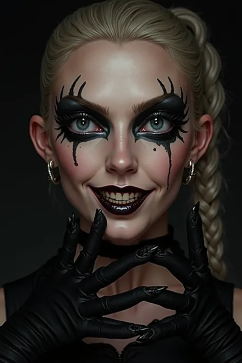 1 woman, (((long black fingernails))), ((intense gothic makeup)), Swedish face, blue eyes, ((gorgeous smile)), beautiful face, l...