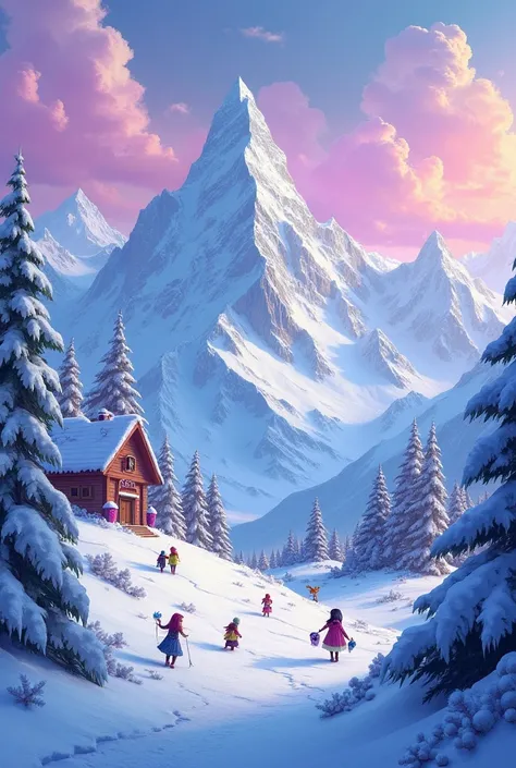 A background image of a snowy mountain drawn in the Monster High style 