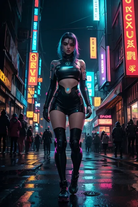 cyberpunk city at night, neon lights, rain-soaked streets, futuristic android woman with holographic tattoos, (cinematic lightin...