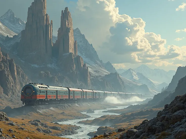 A giant sci-fi nuclear powered colonization train the size of skyscrapers, the train’s length stretches beyond the horizon, and ...