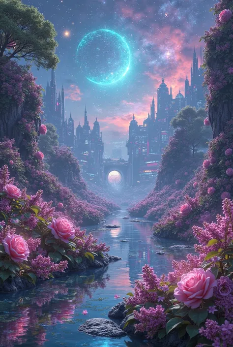 Realistic 4k photography of a beautiful, with color combination, celestial, roses and lilacs , landscape mixed with a cyberpunk ...