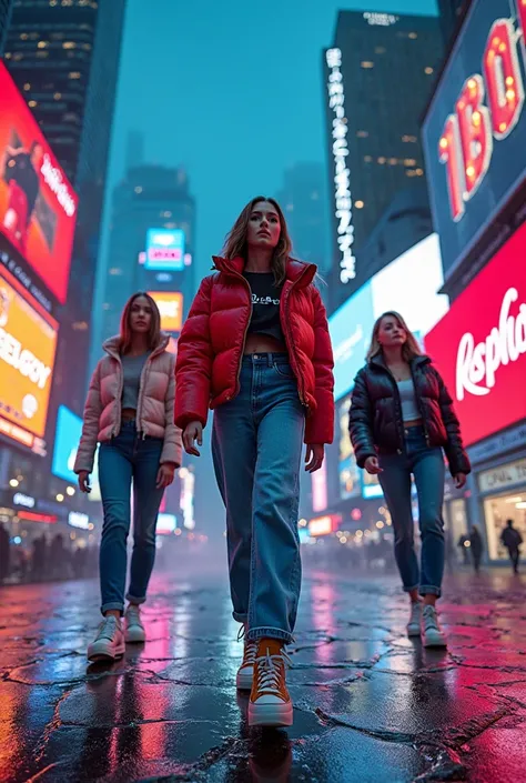 Create an advertisement with lights and brands for sneakers and jeans and divers on credit