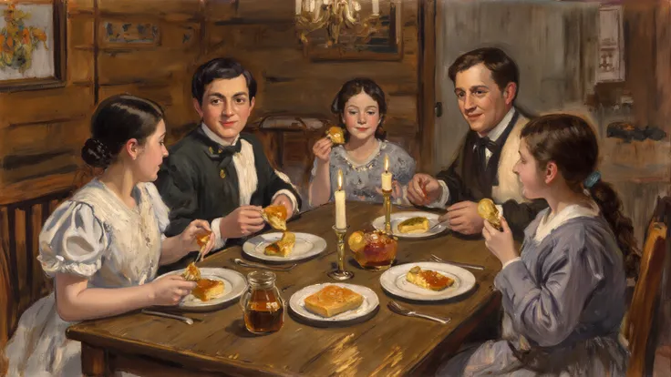 A candlelit dinner scene with the family gathered at the table, each with a small piece of corn bread spread with homemade syrup...