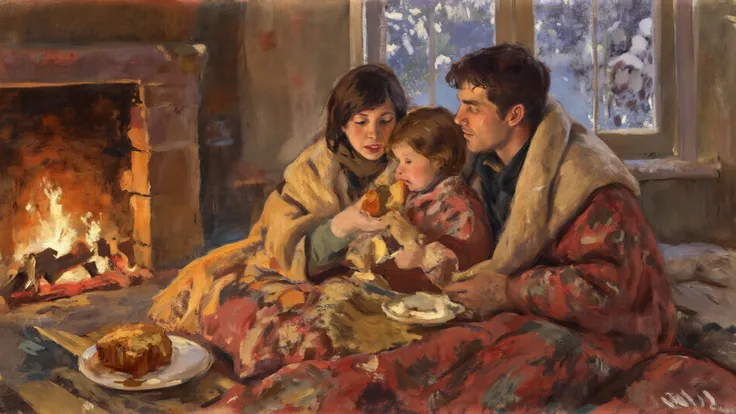 A peaceful winter evening scene with the family huddled under thick quilts, sharing pieces of cornbread spread with molasses, fr...
