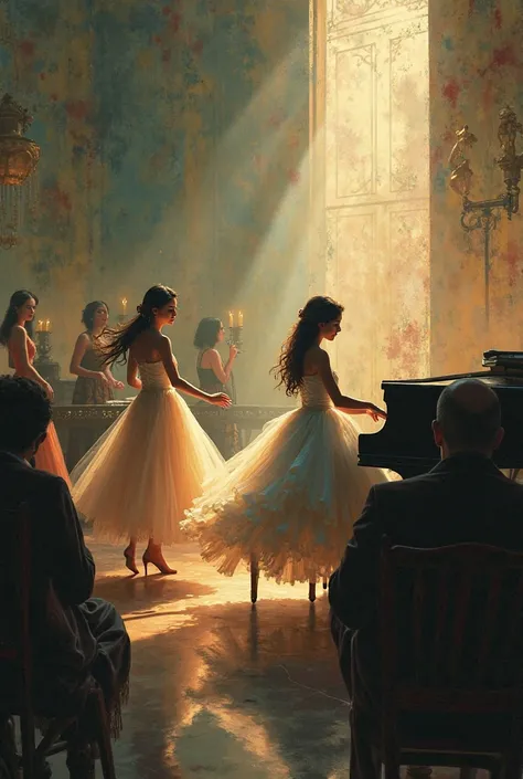 A dimly lit music hall, young women playing piano and reciting poems, attentive audience, pastel tones, expressive modernist sty...