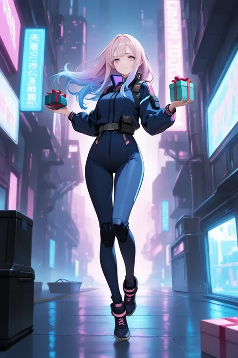 Girl, navy blue and hot pink gradient hair, light purple eyes, long hair, navy blue cyberpunk outfit, futuristic, floating, hold...